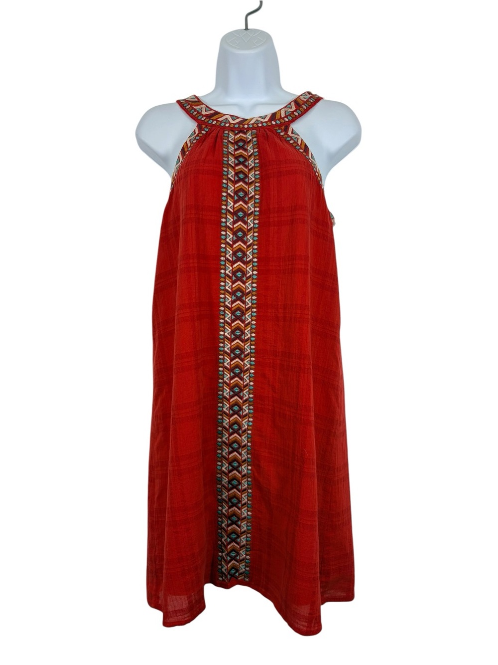 THML Red Embroidered Boho Shift Dress Size Small Cotton Sleeveless Mini